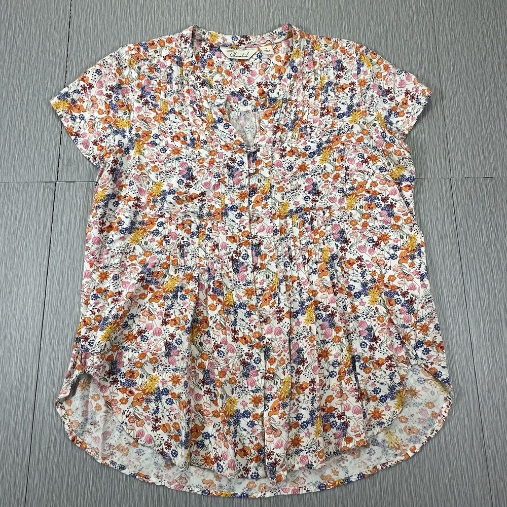 Caffe Marrakesh Women's Floral Short Sleeve Button Down Flowing Shirt Small